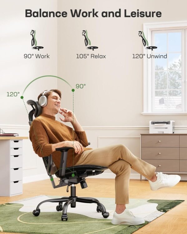 Totnz Cadeira de escritório ergonômica, cadeira ergonômica para jogos com suporte lombar ajustável, encosto de cabeça 2D e braços para cima e para baixo - Imagem 4
