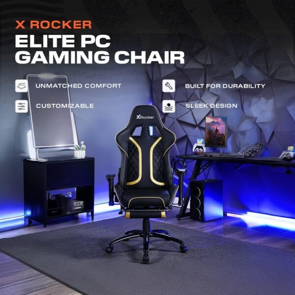 X Rocker Cadeira para jogos Elite PC apoio para os pés, preta e amarela - Imagem 3