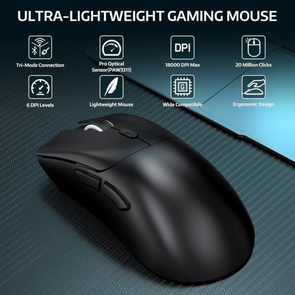 ATTACK SHARK Mouse para jogos sem fio R1, conexão de três modos (2,4G/com fio/BT5.2), 55 g leve, sensor óptico DPI 18K, HUYU vida útil de 20 milhões de chaves, design ergonômico, para - Imagem 2