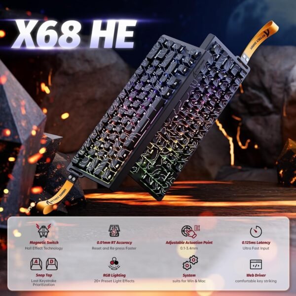 ATTACK SHARK X68 HE Teclado mecânico para jogos Rapid Trigger RGB 60% com fio e atuação ajustável, interruptor magnético de efeito Hall, taxa de pesquisa de 8 KHz, montagem superior(Contorno Preto) - Imagem 2
