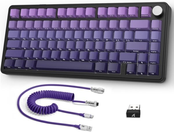 ATTACK SHARK X85 Teclado de jogo mecânico sem fio com botão Hot Swappable Side Print PBT Keycaps 75% Teclado de vedação RGB Cabo enrolado Linear Branco Jade Switch para PC/MAC/Win-Roxo