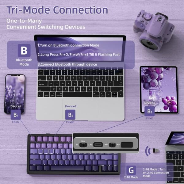 ATTACK SHARK X85 Teclado de jogo mecânico sem fio com botão Hot Swappable Side Print PBT Keycaps 75% Teclado de vedação RGB Cabo enrolado Linear Branco Jade Switch para PC/MAC/Win-Roxo - Imagem 2
