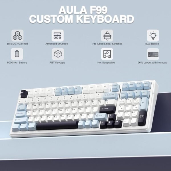 AULA F99 Teclado mecânico sem fio, teclado personalizado intercambiável a quente, interruptores lineares pré-lubrificados, estrutura de junta, teclado para jogos retroiluminado RGB (azul e - Imagem 2