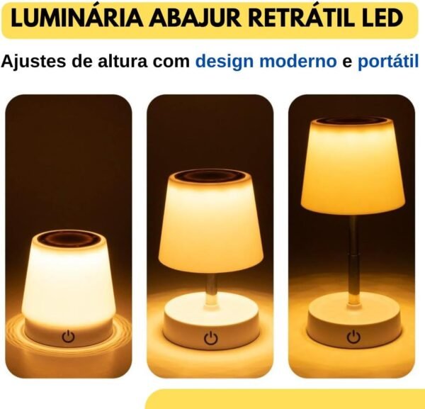Abajur de Mesa LED Moderno, Luminária Retrátil Para Quarto, Luz Amarela Quente Para Sono e Ambientes, Touch Brilho Ajustavél - Imagem 2
