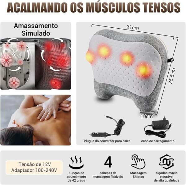 Almofada Massageadora Profissional Shiatsu Lombar 110V-220V, 2 Direções de Massagem, Tempo Inteligente, Casa e VeíCulo Pescoço Lombar, Almofada Massageadora, Massageador Pescoço, Massageador Shiatsu - Imagem 2