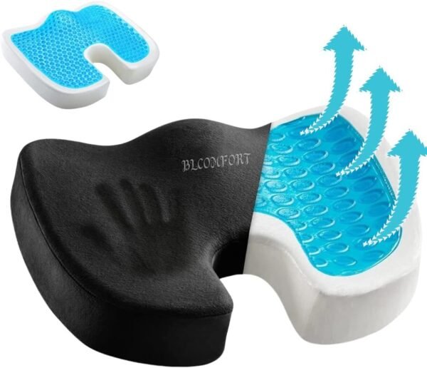 Almofada ortopédica com infusão de gel para bumbum, cóccix, ciática, suporte lombar, lombar, cóccix e hemorroidas - ideal para cadeira de escritório, dirigir, superfície dura, cadeira de avião |capa lavável|(Preto)