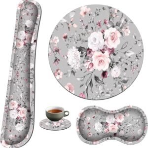 Apoio de pulso para teclado e mouse pad e suporte para descanso de pulso e porta-copos, base de borracha antiderrapante com espuma de memória ergonômica elevada para computador laptop escritório doméstico, rosa floral