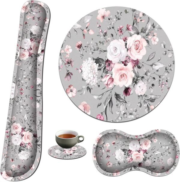 Apoio de pulso para teclado e mouse pad e suporte para descanso de pulso e porta-copos, base de borracha antiderrapante com espuma de memória ergonômica elevada para computador laptop escritório doméstico, rosa floral