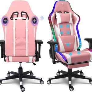 B HOUBLIY Cadeira de massagem para jogos com alto-falantes e luzes de LED, cadeira ergonômica para jogos de computador com apoio para os pés e apoio lombar, cadeira de vídeo de escritório com encosto
