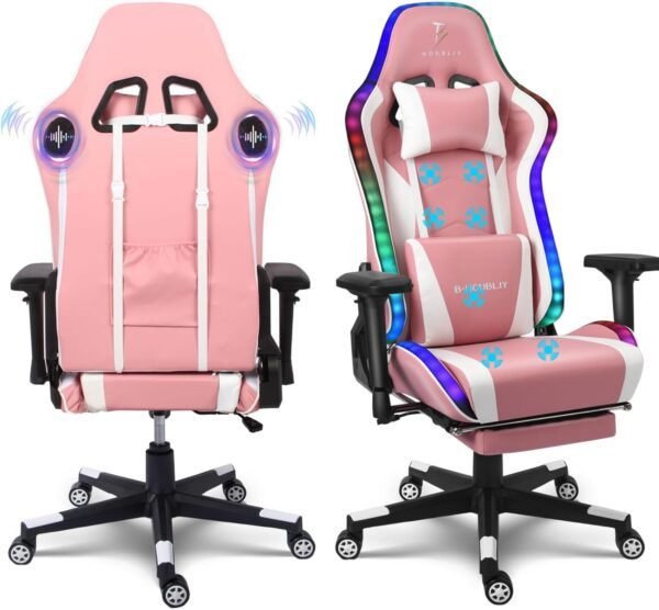 B HOUBLIY Cadeira de massagem para jogos com alto-falantes e luzes de LED, cadeira ergonômica para jogos de computador com apoio para os pés e apoio lombar, cadeira de vídeo de escritório com encosto
