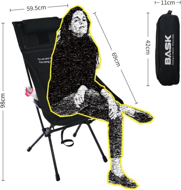 BASK Daydream Cadeira Dobrável com Encosto Alto e Travesseiro – Extra Grande, Estrutura em Alumínio Resistente (150kg) – Portátil para Camping, Pesca e Lazer – Preto - Imagem 2