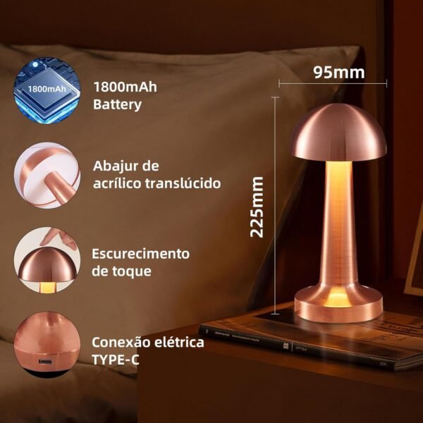 BEMMY Luminária de Mesa,Luminária Abajur Mesa Led Dimerizável Sem Fio Recarregável, Toque Candeeiro de Mesa Luz Noturna，Candeeiro de mesa recarregável USB 1800mAh - Imagem 2