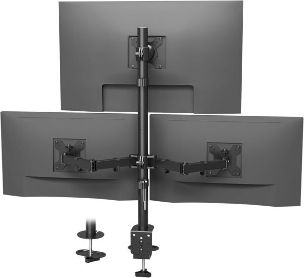 BONTEC Suporte de mesa de monitor triplo para uma tela de 32 polegadas e duas telas de 27 polegadas, suporta até 10 kg, com ajuste total de movimento, opções de instalação dupla e gerenciamento