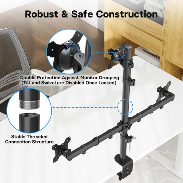 BONTEC Suporte de mesa de monitor triplo para uma tela de 32 polegadas e duas telas de 27 polegadas, suporta até 10 kg, com ajuste total de movimento, opções de instalação dupla e gerenciamento - Imagem 2