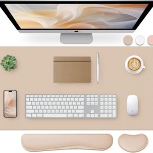 Bloss Almofada de mesa de couro e descanso de pulso para teclado, mouse pad grande + teclado + suporte de pulso para mouse, protetor de mesa antiderrapante para escritório, casa (80 x 40 cm, bege)