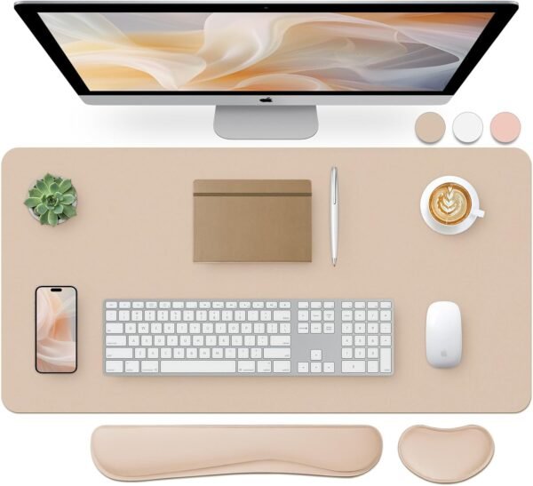 Bloss Almofada de mesa de couro e descanso de pulso para teclado, mouse pad grande + teclado + suporte de pulso para mouse, protetor de mesa antiderrapante para escritório, casa (80 x 40 cm, bege)