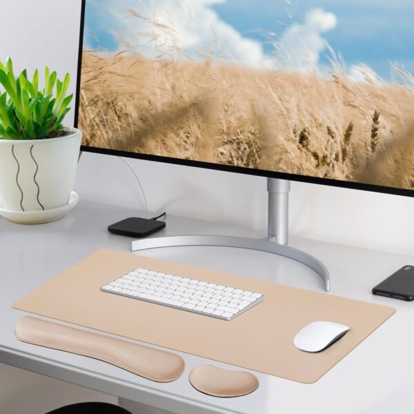 Bloss Almofada de mesa de couro e descanso de pulso para teclado, mouse pad grande + teclado + suporte de pulso para mouse, protetor de mesa antiderrapante para escritório, casa (80 x 40 cm, bege) - Imagem 2
