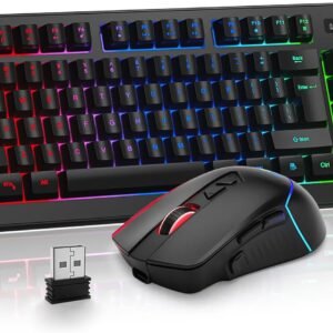 BlueFinger Combo de teclado e mouse para jogos sem fio, bateria recarregável RGB Rainbow retroiluminada, teclado com iluminação TKL de 87 teclas com mouse ergonômico para jogos para Mac, laptop