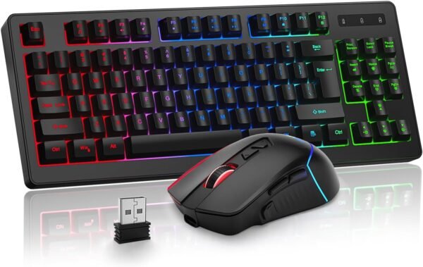 BlueFinger Combo de teclado e mouse para jogos sem fio, bateria recarregável RGB Rainbow retroiluminada, teclado com iluminação TKL de 87 teclas com mouse ergonômico para jogos para Mac, laptop