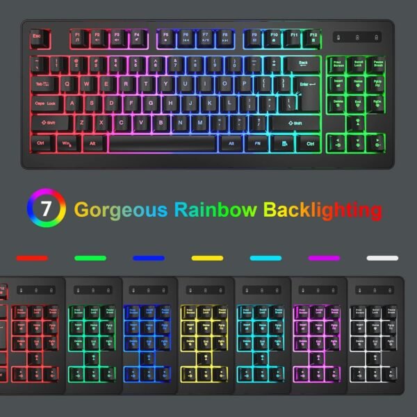 BlueFinger Combo de teclado e mouse para jogos sem fio, bateria recarregável RGB Rainbow retroiluminada, teclado com iluminação TKL de 87 teclas com mouse ergonômico para jogos para Mac, laptop - Imagem 2
