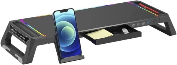 C3Tech Base para Monitor Gaming BM-L100BK, preto, com luzes RGB, Possui Hub USB embutido com saídas 1 x USB 3.0 e 3 x USB 2.0, Apoie Monitor, Notebook, Impressora, TV, Console