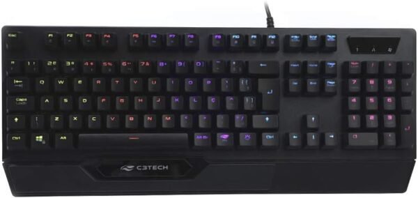 C3Tech Teclado Gamer KGM-1200BK Mecanico Preto USB Layout ABNT2 Switch Blue Anti-ghosting Ergonômico Iluminação Multicores