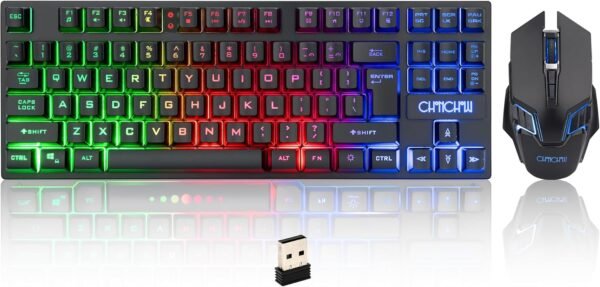CHONCHOW Combo de teclado e mouse para jogos sem fio, teclado recarregável com iluminação LED de 87 teclas, mouse ergonômico para jogos sem fio, retroiluminado para Xbox PS4 PC e laptop