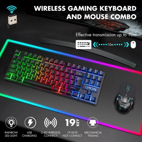 CHONCHOW Combo de teclado e mouse para jogos sem fio, teclado recarregável com iluminação LED de 87 teclas, mouse ergonômico para jogos sem fio, retroiluminado para Xbox PS4 PC e laptop - Imagem 2