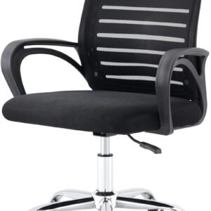 Cadeira De Escritório Giratória Home Office Encosto com Design Listrado em Malha Respirável Preta com Base Cromada e Cinco Rodinhas