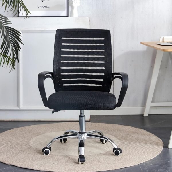 Cadeira De Escritório Giratória Home Office Encosto com Design Listrado em Malha Respirável Preta com Base Cromada e Cinco Rodinhas - Imagem 2