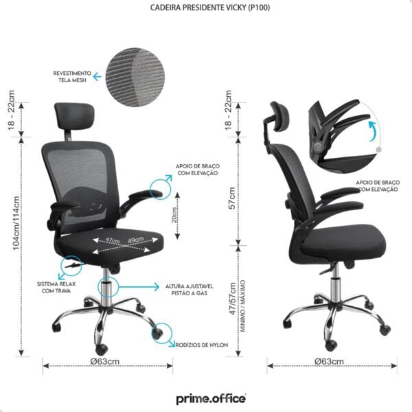 Cadeira De Escritorio Presidente Giratória Ergonômica Mesh P100 com Base Metal Cromado e Rodizios em Silicone - Imagem 2