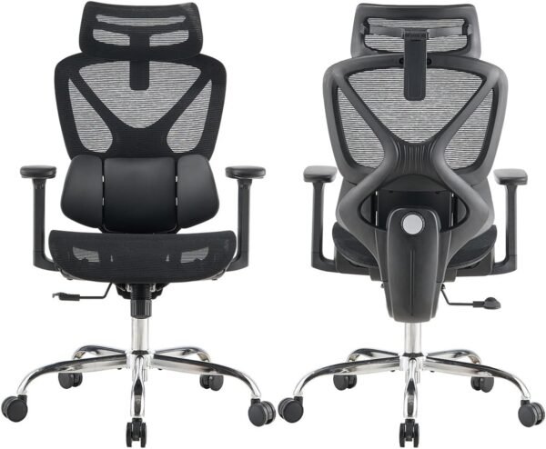Cadeira Ergonômica com Suporte Lombar Adaptativo Apoio de Cabeça e Braços Ajustáveis Reclinável 135° Malha Respirável