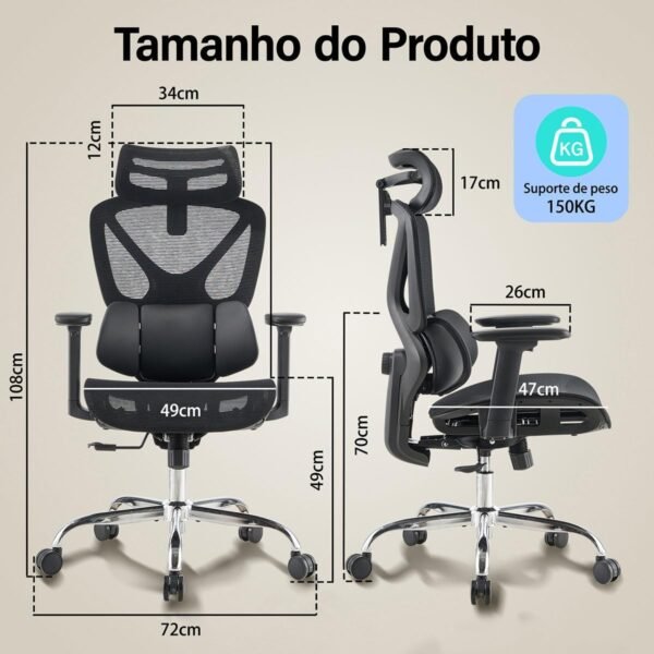 Cadeira Ergonômica com Suporte Lombar Adaptativo Apoio de Cabeça e Braços Ajustáveis Reclinável 135° Malha Respirável - Imagem 2