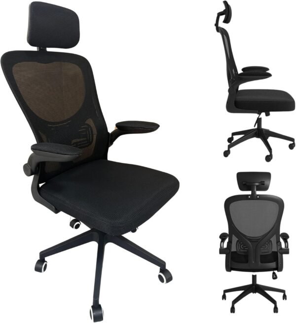 Cadeira Ergonômica de Escritório com Suporte Lombar Independente, Encosto em Malha Respirável e Apoio de Cabeça Ajustável – Conforto e Postura Ideal (Preta)