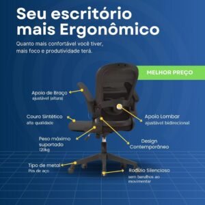 Cadeira Escritório Ergonômica C7 Neo Pure, Mesh Respirável, Altura Ajustável 44-54cm, Preta