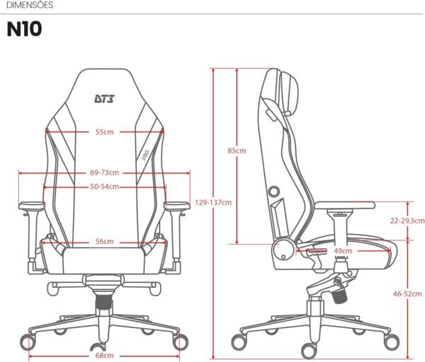 Cadeira Escritório Gamer DT3 N10, almofada magnética, apoio lombar integrado contínuo em 2 direções, braços 4D+, suporta até 160kg e altura máx 1,85m (N10 - Tam. Normal | Revestida em Tecido - Grey) - Imagem 2