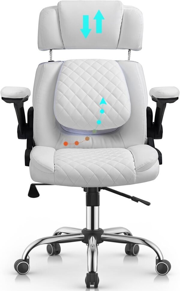 Cadeira Escritório Presidente Branca – Design Ergonômico com Encosto Alto e Apoio Lombar – Ajuste de Altura, Inclinação com Trava e Braços Acolchoados, Revestimento em Couro Sintético – Yamasoro
