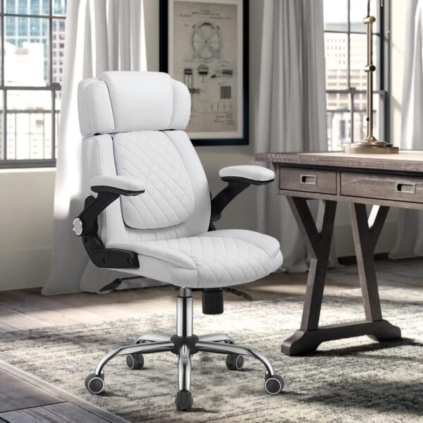 Cadeira Escritório Presidente Branca – Design Ergonômico com Encosto Alto e Apoio Lombar – Ajuste de Altura, Inclinação com Trava e Braços Acolchoados, Revestimento em Couro Sintético – Yamasoro - Imagem 2
