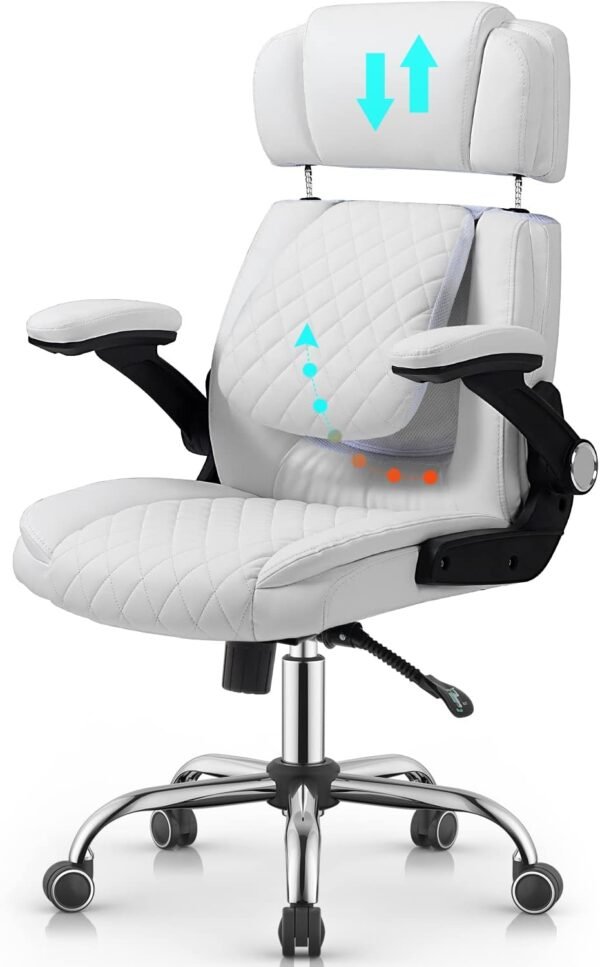 Cadeira Escritório Presidente Premium Branca – Design Ergonômico com Encosto Alto e Apoio Lombar – Ajuste de Altura, Inclinação e Braços Acolchoados – Revestimento em Couro Sintético – Yamasoro