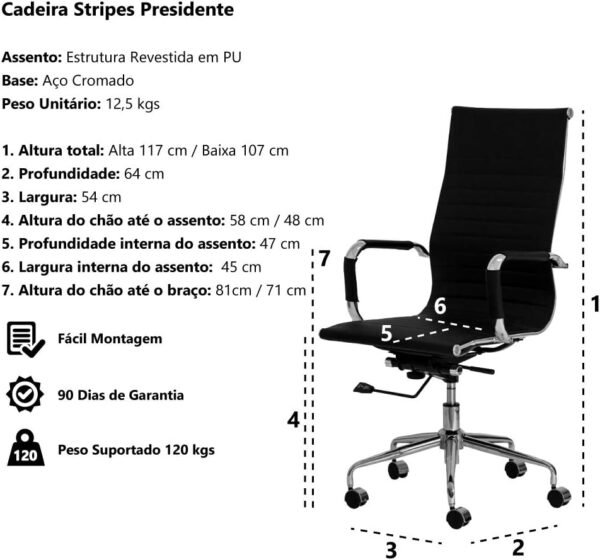 Cadeira Escritório Stripes Presidente PU Nude Base Giratória Cromada Altura Ajustável - Imagem 2