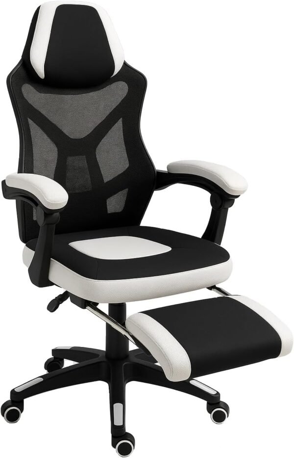 Cadeira Gamer Ergonômica, Estilo Racing, Tecido Respirável, Apoio Lombar, Braços e Altura Ajustáveis, Design Preto e Branco, Ideal para Jogos e Escritório - suporta 120 Kg