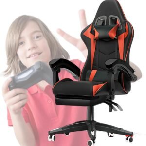 Cadeira Gamer Ergonômica com Apoio para Pés e Cabeça, Design Racing, Encosto Reclinável, Preto e Vermelho