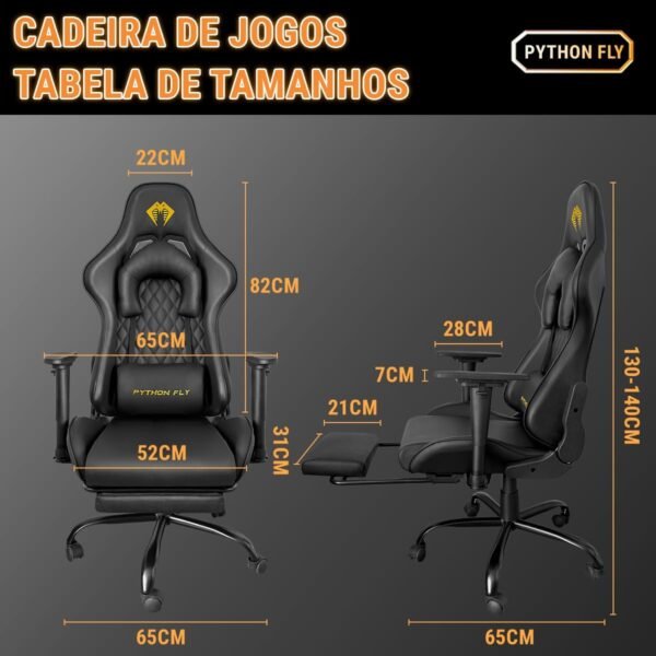 Cadeira Gamer Python Fly Deluxe, Design Ergonômico, Ajuste De 90-150 Graus, Design Preto E Dourado - Imagem 2