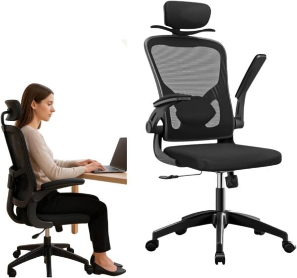 Cadeira Presidente Ergonômica, Encosto Alto com Apoio de Cabeça, Suporte Lombar, Braços Ajustáveis, Base Giratória, Preta, Suporta até 100kg ®Hallure