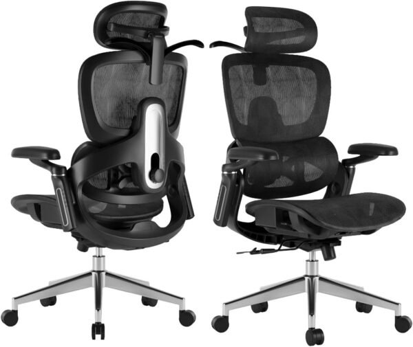 Cadeira de Ergonômica Escritório, Encosto e Assento Ajustáveis, Encosto Lombar Ajustável Cinco Níveis, Apoio de Braço Robótico 8D, Almofada 3D, 135° Reclinável Cadeira Game, Preto