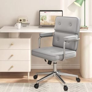 Cadeira de Escritório Compacta Python Fly – Couro Sintético Premium & Base Metálica, Design Moderno (Cinza)