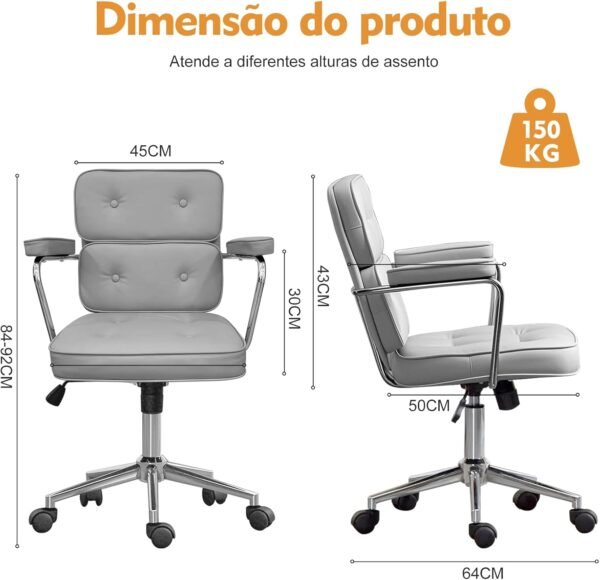 Cadeira de Escritório Compacta Python Fly – Couro Sintético Premium & Base Metálica, Design Moderno (Cinza) - Imagem 2