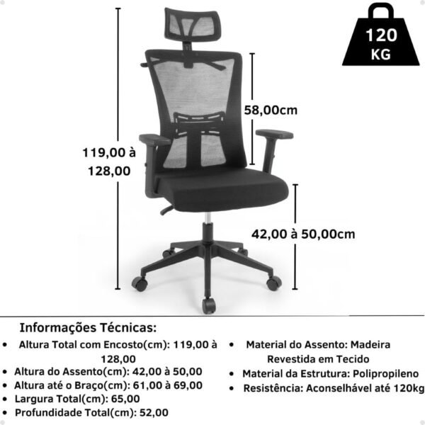 Cadeira de Escritório Ergonômica Imperial com Apoio de Cabeça e Relax - Preto - Imagem 2