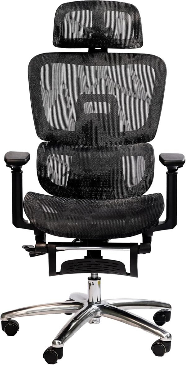 Cadeira de Escritório Ergonômica com Estofado de Mesh, Regulagem de Altura, Apoio Lombar Ajustável, Base Giratória em Aço Cromado, Braços Acolchoados (Preto)