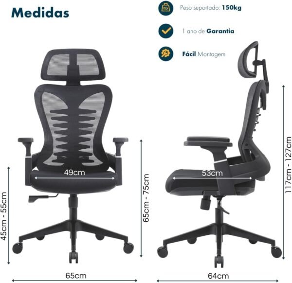 Cadeira de Escritório Presidente Bio Ergonômica Altura e Braços Ajustáveis, Suporte Lombar e Cabeça, Sistema Relax (Preto) - Imagem 2